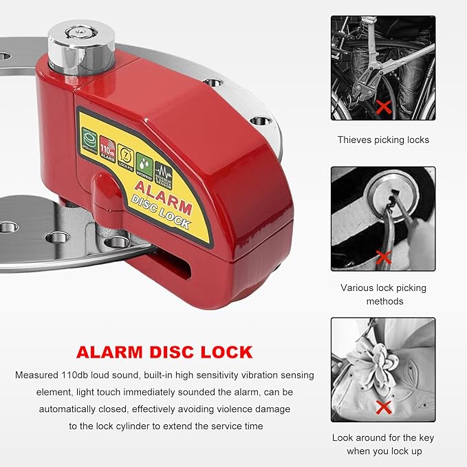 Alarm Disc Lock Set, 110dB Alarm Sound Anti-Theft Security Brake Padlock with 5ft Reminder Cable, Waterproof Battery Powered Disc Brake Lock for Motorcycle Bicycle Scooter (Red)