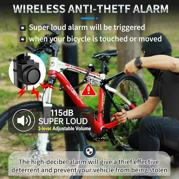Wireless Remote Bike Alarm: 115dB Super Loud Bicycle Vibration Motion Sensor Siren Anti Theft Security System Motorcycle Alarm Waterproof USB-C Rechargeable Multipurpose Vehicle Alert Device
