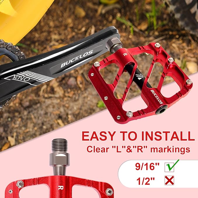 BUCKLOS MTB Flat Pedals Mountain Bike Pedals, 3 Bearings CNC Adult Road Bike Pedals, Bicycle Platform Aluminum Alloy Non-Slip Pedal for Gravel Bike/BMX 9/16"(Black)