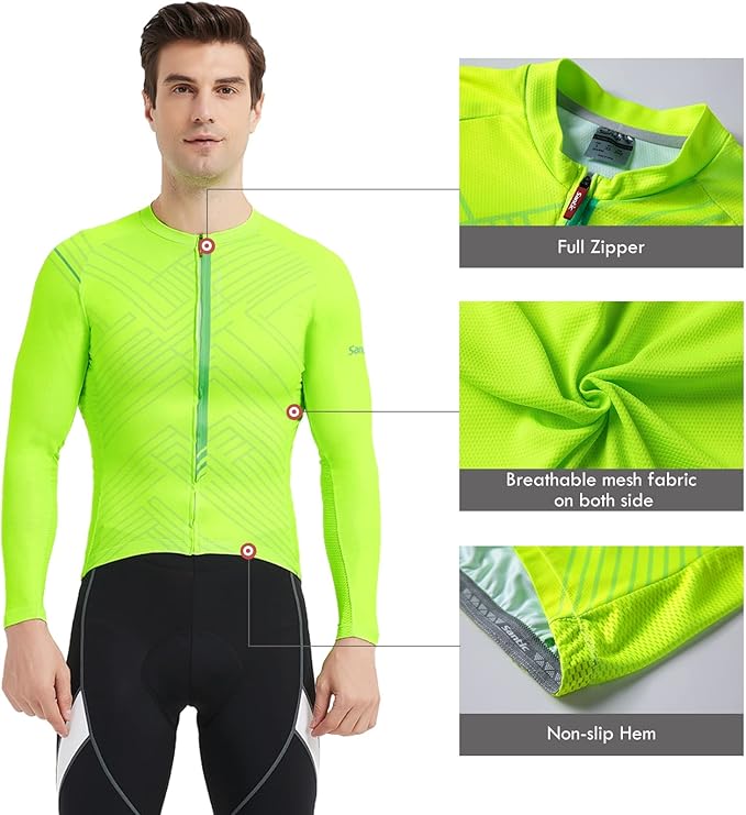 Santic Cycling Jersey Men's Long Sleeve Bike Reflective Full Zip Bicycle Shirts with Pockets
