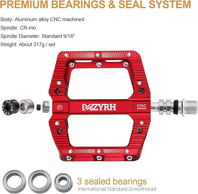 MZYRH Road/Mountain Bike Pedals MTB Pedals Bicycle Flat Pedals 3 Bearings 9/16” Aluminum Alloy Bicycle Platform Pedals for BMX MTB