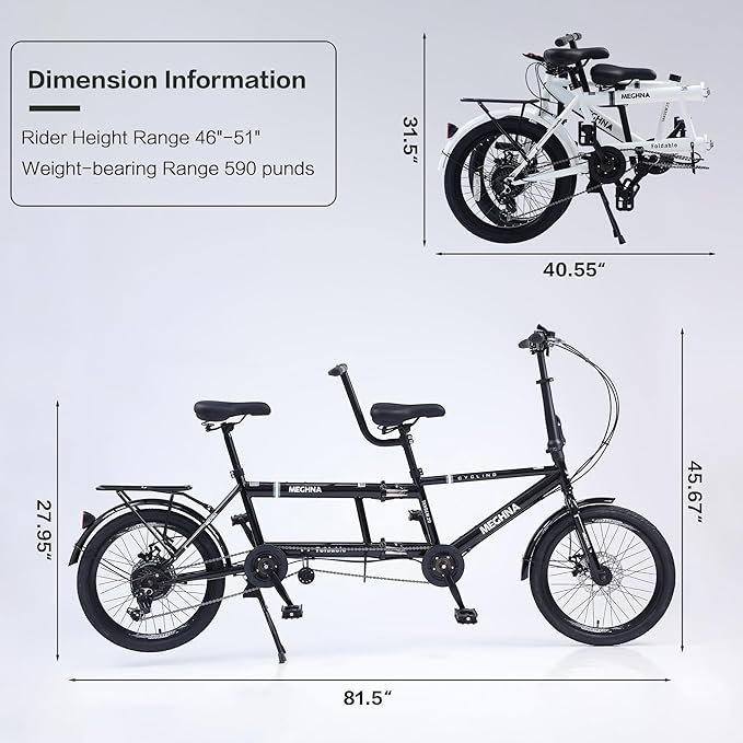 Foldable Tandem Bike, 20”City Tandem Folding Bicycle, 7-Speed Adjustable Cruiser Bike Folding Bike with 3 Seats& Disc Brake, CE FCC CCC