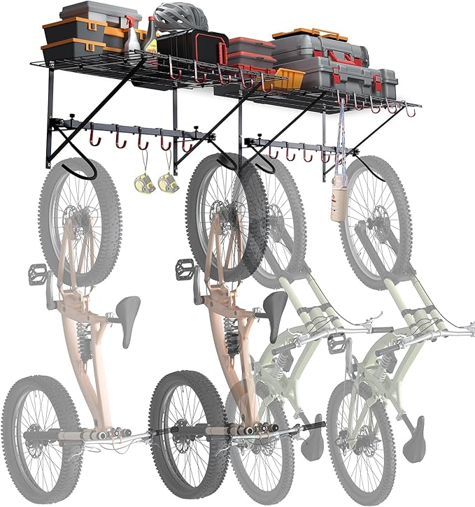 VEVOR Bike Storage Rack, 4 Bike Racks, Wall Mount Bike Storage Hanger with 2 Shelves, Home and Garage Organizer, Customizable for Various Bike Sizes, Adjustable Holder, Holds Up to 500 lbs, 63-inch