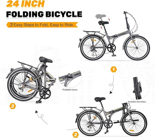 24 inch Folding Bike 7 Speed V Brake City Commuter Bicycle with Mudguard for Men Women Daily Commuting Gray/Black/White