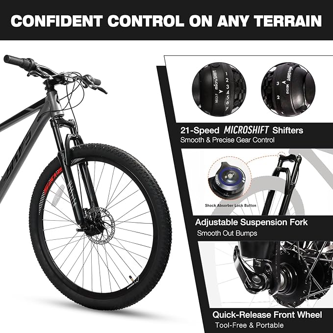 Convend 24/26/27.5" Mountain Bike for Adults, 21-Speed Twist Shifters, Lockout Suspension Fork, Dual Disc Brakes, High-Carbon Steel Frame, All-Terrain Tires, 85% Pre-Assembled