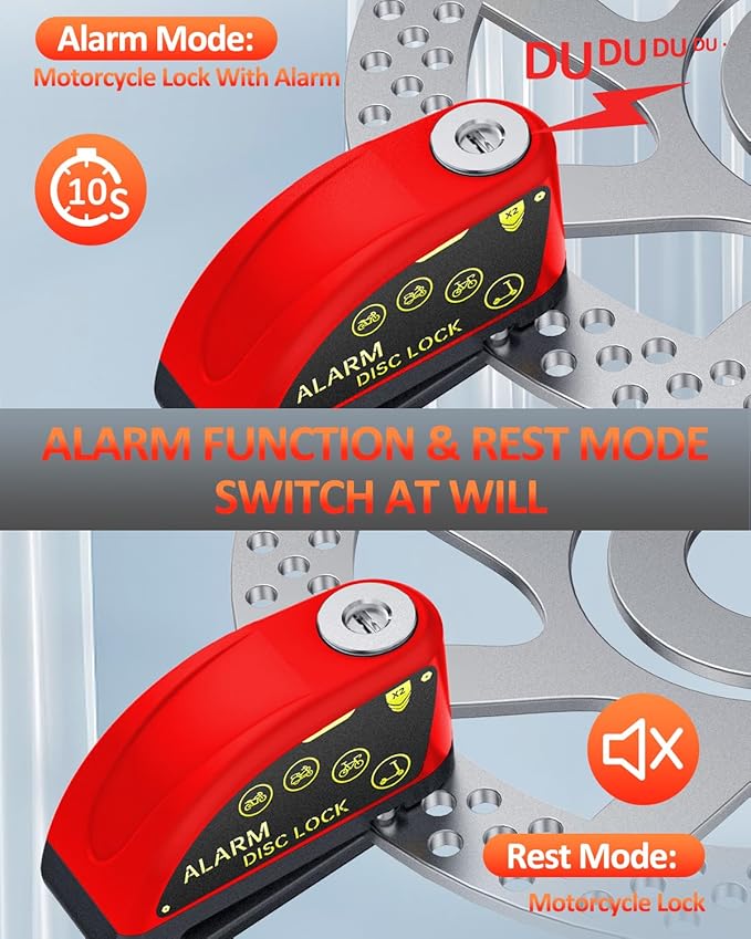 ONVIAN Rechargeable Motorcycle Lock with 120db Alarm and 6FT Steel Reminder Cable, for 7mm Pin Motorcycles Bicycles Ebike Scooter Moped(Red)
