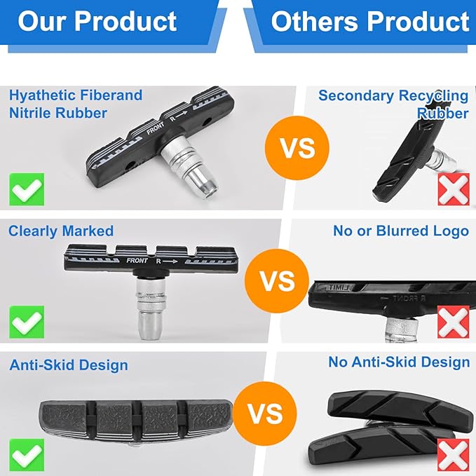Bike Brake Pads Set, 70mm Universal V-Brake Blocks for Mountain and Road Bicycles, No Noise, No Skid, Includes Hex Wrench, Nut, and Shims for Front and Rear Wheels 2Pairs