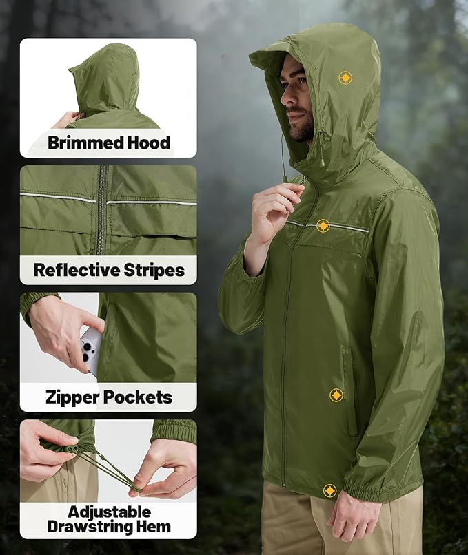 SWISSWELL Mens Rain Jacket & Coats Packable Lightweight Waterproof Windbreaker Hooded for Golf Cycling Hiking