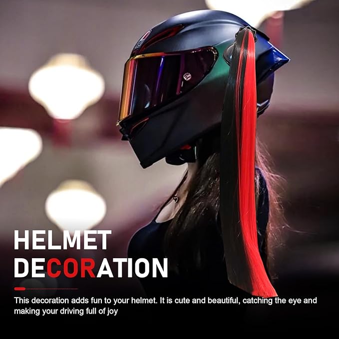2 PCS Helmet Pigtails, Fun Pigtail Decorations for Helmet with Suction Cup, Detachable Fake Hair Decor, Universal for Motorcycle Bike Helmets (Black & Red)