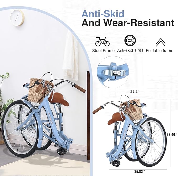 24/26 inch Female Bicycle Single Speed Folding Lady Bike, Durable Steel Frame,Compact Design for Easy Storage and Commuting Multi Color