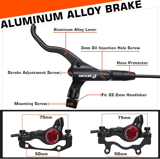 BUCKLOS MTB Hydraulic Disc Brakes Set, Mountain Bike Left Front 800mm Right Rear 1450mm Brake Aluminum Alloy Levers with Calipers PM/is Adapter Fit E-Bike(Pred Bled/Pads Included)