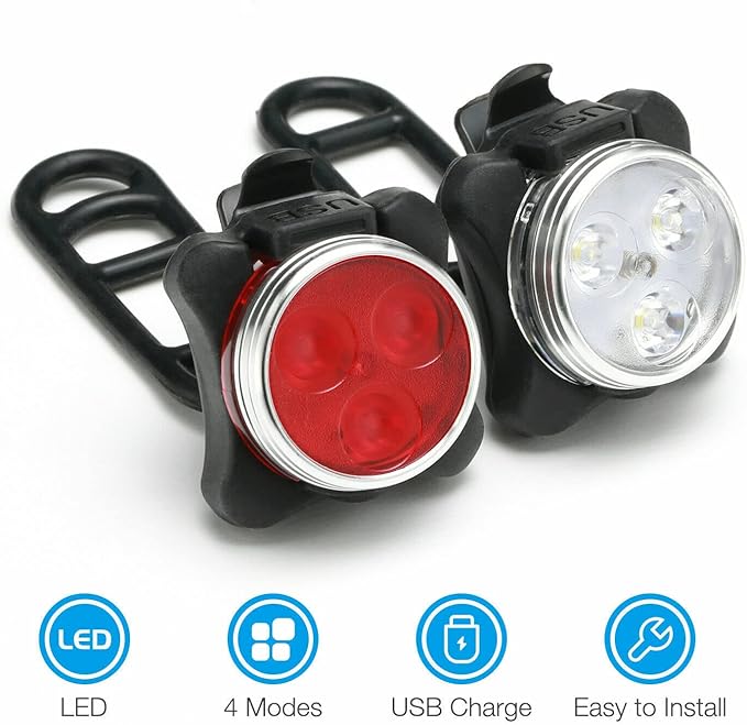 Rechargeable Bike Light Sets,Super Bright Front Headlight and Rear LED Bicycle Lights,650mah Lithium Batteries,4 Light Mode Options (2 Light Sets [Total of 4 Lights])