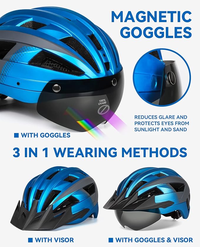 Adult Bike Helmet with Visor and Goggles for Men Women Mountain Road Bicycle Helmet Rechargeable Rear Light Cycling Helmet