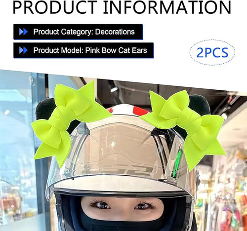 2 PCS Bow Ears Motorcycle Helmet Decor, Cute Cartoon Cat Ears Helmet Decoration, Removable Self Adhesive Motorcbike Bow Accessories, Universal for Most Ski, Bike & Motorcycle (Green)