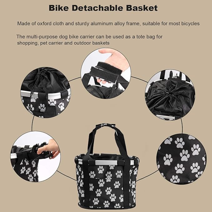 Detachable Bike Basket, Dog Cat Bicycle Handlebar Front Bag Pet Carrier with 5 FT Dog Leash for Cycling, Shopping, Picnic, and Outdoor
