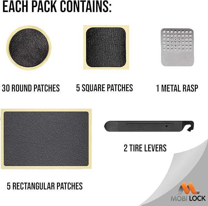Mobi Lock 40Pcs Self-Adhesive Bicycle Tire Inner Tube Patch Repair Kit - Glueless Bike Tube Patches in Round, Square, and Rectangle Shape - Includes 2 Tire Levers, 1 Metal Rasp