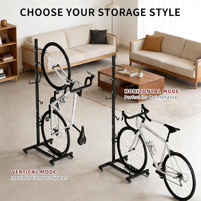 Vertical Bike Stand with Wheels, Space-Saving Freestanding Bike Rack, 360° Moveable Adjustable Height Indoor Bike Storage for Garage & Apartment, Floor Bike Parking Holder for Bikes up to 22”-29”
