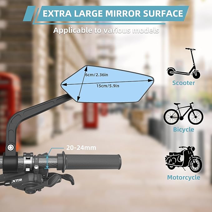 Handlebar Bike Mirror | Blu-ray Scratch Resistant Glass Lens | Bicycle Rear View Mirrors for Ebike | eBike Accessories