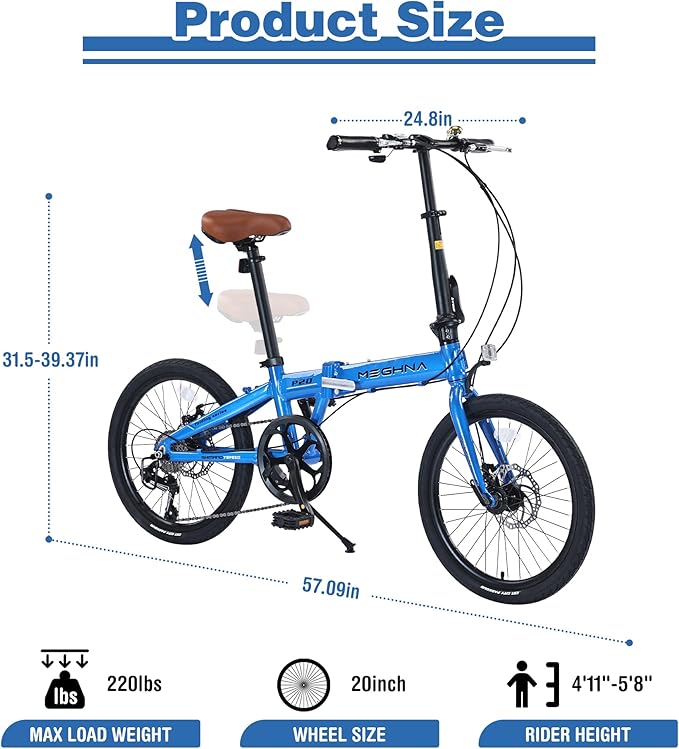 20 Inch Folding Bike with 7-Speed Shifter，Heavy Duty Folding Bike Up to 330LBS-Lightweight Aluminum Alloy Frame，Folding Commuter Bike for Women/Men/Adult/Youth,Adjustable Stem，3 Colors