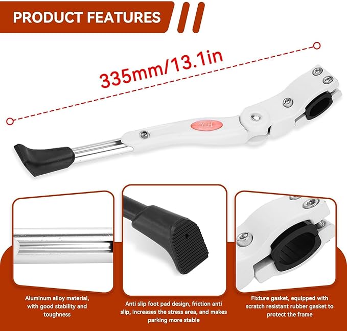 Bicycle Kickstand, Adjustable Road Mountain Bike Side Support Kick Stand, Aluminium Alloy Rear Mount Bike Stand Leg for 20 24 26 Inch Adult Bikes, White