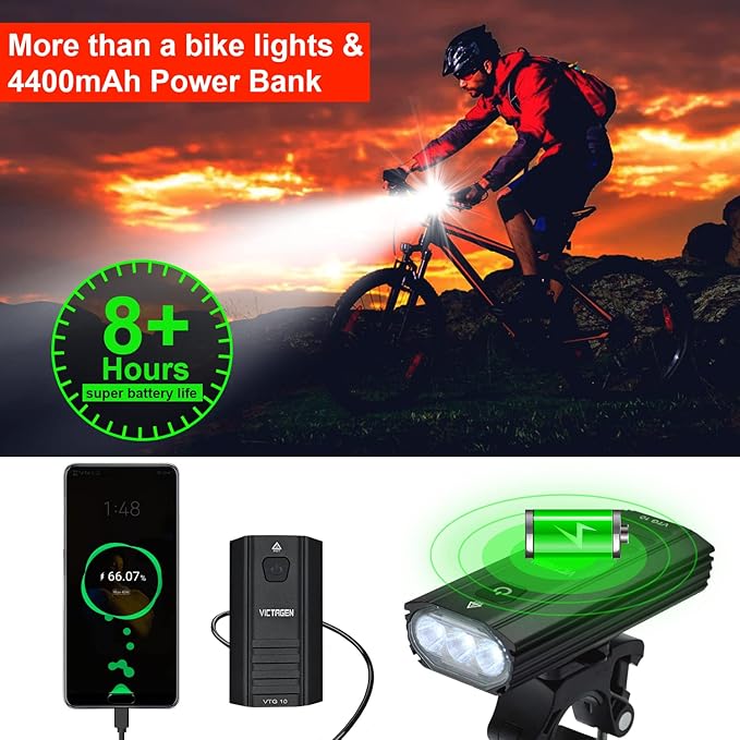 Victagen 5000 Lumens 3LED Bike Lights for Night Riding, Super Bright Front and Back Bike Headlight, USB Rechargeable, 6 Modes
