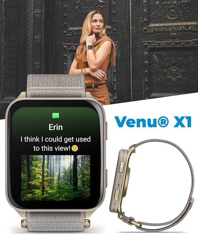Wearable4U Garmin Venu X1 Thin and Lightweight GPS Smartwatch, AMOLED Display, Advanced Health & Fitness Features, Soft Gold w/Titanium Caseback & French Gray Nylon Band PowerBank Bundle