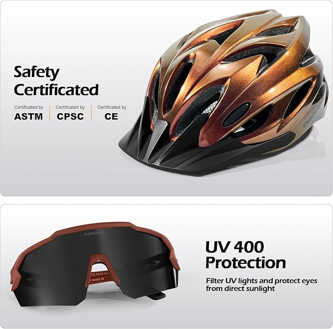 Odoland Adult Bike Helmet and Cycling Sunglasses Set for Men & Women, Safety Certified Bicycle Helmet with UV Protection Glasses for Mountain, Skating, Road, City Commuting & Outdoor Riding
