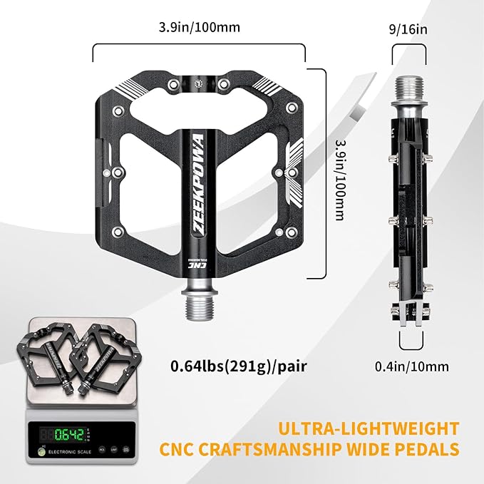 Zeekpowa Mountain Bike Pedals Flat, Road Bike Flat Pedals 16 Removable Anti-Skid Nails 9/16" Chromo Spindle Sealed Bearings Ultra CNC Aluminum Pedals Non-Slip Wide Platform Road/City Cycling