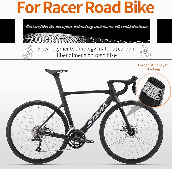 SAVADECK Carbon Disc Road Bike, Integrated Design Racing Bicycle Carbon Frame Carbon Fork with Shimano SORA R3000 Derailleur System 18 Speed Disc Brake Road Bike for Men or Women.