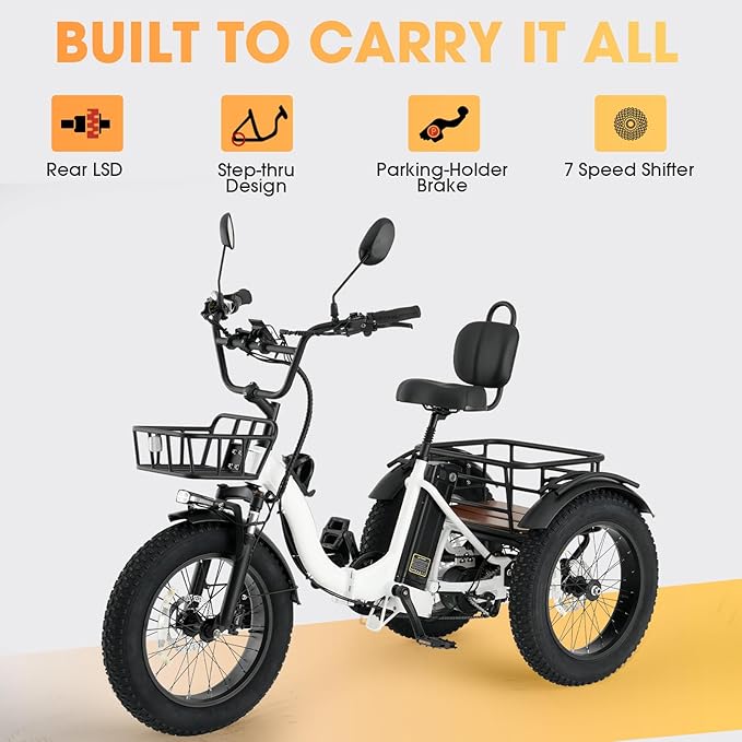 Skeri Electric Tricycle for Adults, 750W(Peak 1350W) Motor Etrike, 20"x4" Folding Fat Tire Electric Trike, 48V13Ah Battery, 3-Wheel Electric Bike, 20MPH, Front & Rear Basket & Differential