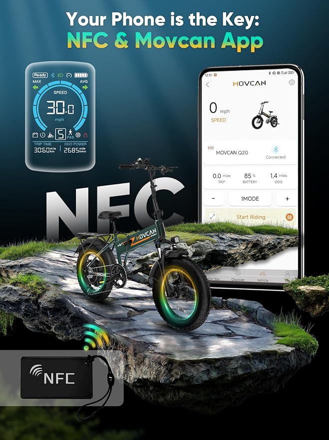 Movcan Q20 Folding Electric Bike, 52V 15.6Ah Removable Concealed Battery 20” Fat Tire Dirt Bike,1500W Motor 30 MPH Top Speed E Bikes, 7 Speed Dual Hydraulic Brake Electric Bikes for Adults