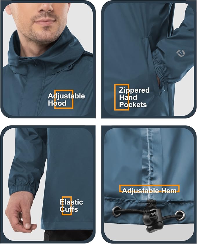 Outdoor Ventures Men's Rain Jacket Waterproof Lightweight Packable Rain Pullover for Hiking Golf Running