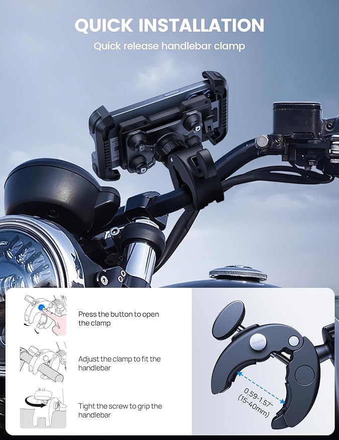 Lamicall Motorcycle Phone Mount Holder - [Dual Vibration Dampener] [Upgrade Handlebar Clip] Motorcycle Cell Phone Holder, Bike Phone Mount, Gifts for iPhone 16 15 14 Pro Max, 4.7-6.7" Phones, Black