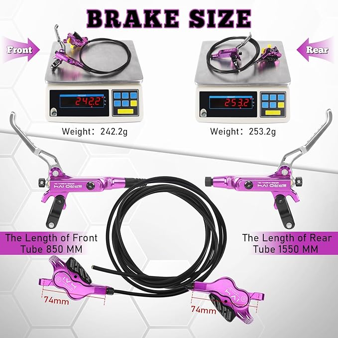 BUCKLOS IIIPRO IV4 4 Piston MTB Hydraulic Disc Brake Set, Front 850mm and Rear 1550mm Mountain Bike Hydraulic Brakes with Aluminum Alloy Caliper Lever Fit Ebike,Fat Bike Trail Bicycle XC AM DH BMX