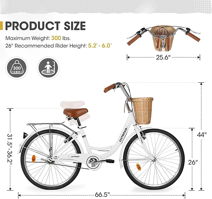 Outroad Comfort Bike for Women, 24/26 Inch Commuter Bicycle for Adult Men and Women, High-Carbon Steel Comfortable City Bikes with Rear Rack or Basket