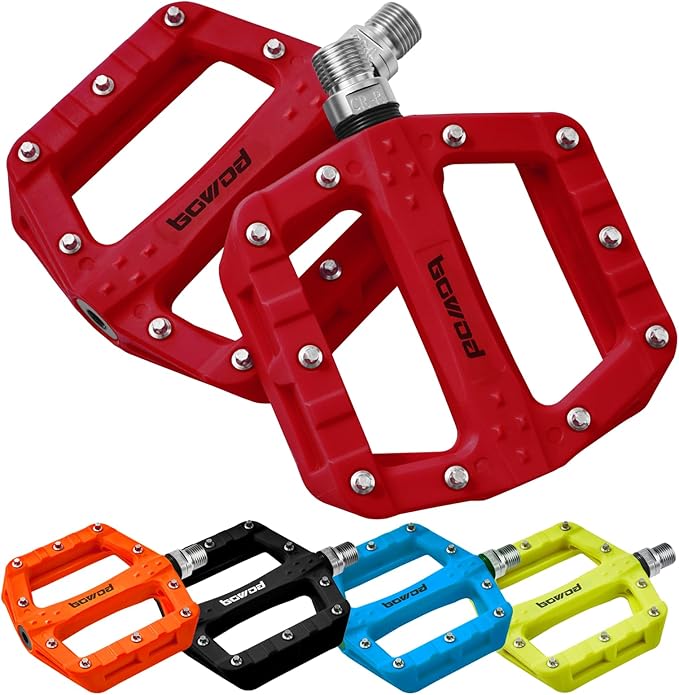 Flat MTB Bicycle Pedals Mountain Bike Colored Pedals, Glass-Fiber Nylon Composite Platform Pedal w 9/16" Sealed Cr-Mo Spindle, BMX Gravel Road Bike Pedals Clipless for Adult Women Youth Bikes