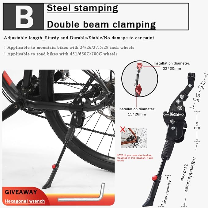 Bike Kickstand for Cannondale R300 R400 R500 R600 R700 R800 R900 SC1000 SC2000, Aluminum Adjustable Kickstand Foot Side Stand Suppor Rear Side Bicycle Stand with Non-Slip Rubber Foot,B