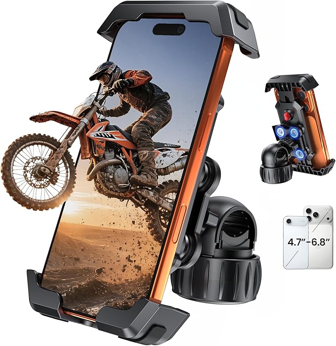 Motorcycle Phone Mount - [Dual Vibration Dampener] Anti-Shake Bike Phone Holder, [Upgrade Handlebar Clip] Bicycle Motorbike Phone Mount for iPhone 17/16/15/14/13 Pro Max, 4.7–7" Phones, Black Red