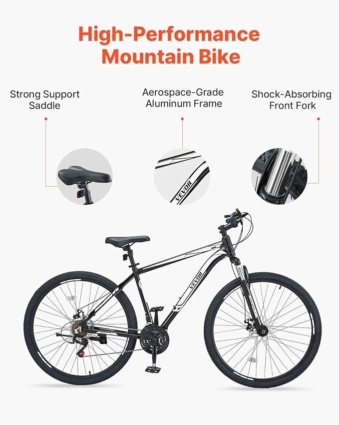 VEVOR Mountain Bike for Men/Women, 20"/26"/29" Sizes, 7/21/24 Speed Twist Shifting, Front or Dual Suspension, Dual Disc Brakes, Comfort Saddle, Sleek Colors
