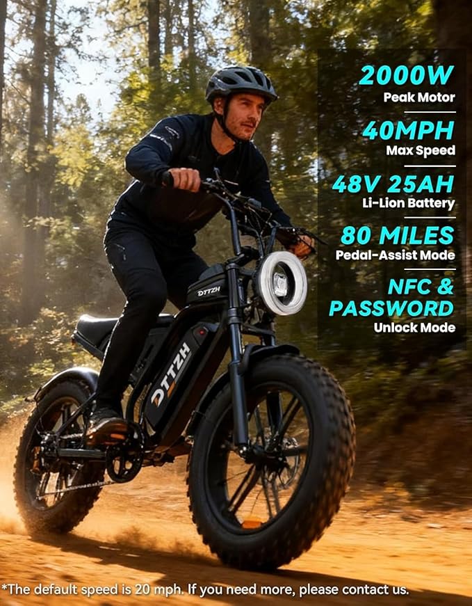 F6/F6S/F6PRO Electric Bike for Adults with NFC & Password Unlock, 4000/2000/1500W, 50/40/33MPH, 60V 30Ah, 48V 15/25Ah E-Bike, 100-60 Miles Electric Motorcycle, 20" Fat Tire Electric Dirt Bike