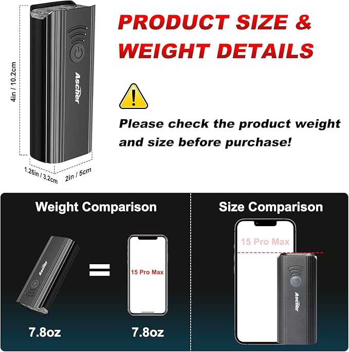 Ascher USB Rechargeable Bike Light Front and Back, Super Bright 1000 Lumens Bicycle Headlight and Compact Tail Light, 4 Light Modes, Large Capacity Battery Bike Lights for Night Riding Road Mountain