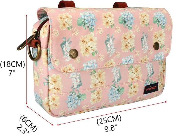 TOURBON Bike Bag Waxed Canvas Bicycle Handlebar Bag Zipper Closure Pouch Crossbar Front Frame Basket Cycling Saddebag Under Seat Strap-on Rear Rack Pannier (Pink with Flower)