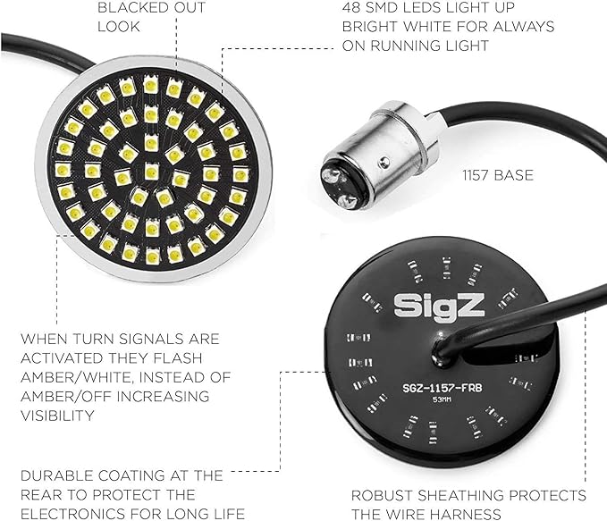Rogue Rider Industries Sigz Black Label Front LED Turn Signals with White Running Lights (1157) compatible with Harley Davidson Sportster Street Glide Road King Softail Electra Heritage Dyna
