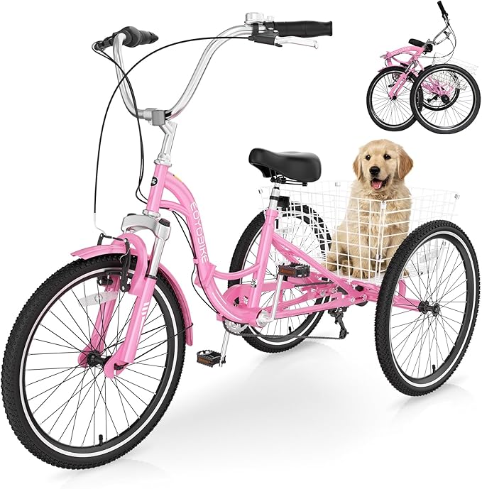 LILYPELLE Adult Folding Tricycles, 7 Speed Folding Adult Trikes, 20/24/26 inch 3 Wheels Bikes with Low Step-Through, Large Basket, Foldable Tricycle for Adults, Women, Men, Seniors