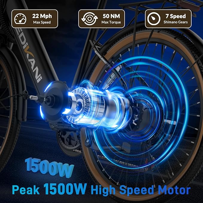 EDIKANI Electric Bike for Adults 25MPH 1500W Peak 26" Comfortable Step-Through Ebike with 48V Internal Battery Adjustable Stem Best Electric Bicycle for Women Commuter up to 70 Miles EDM02