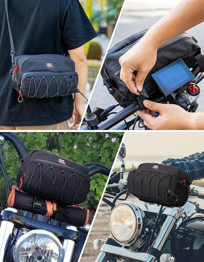 KEMIMOTO Motorcycle Handlebar Bag,Universal Tool & Crossbody Bag Dirtbike Storage Pouch for Front Fork Sissy Bar Compatible with Cruiser Softail Dyna Sportsters Rebel Cruiser 4.5L