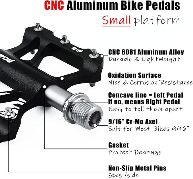 Youth MTB Mountain Bike Colored Pedals, Small Road Bike Pedals Womens MTB Flat Pedal, Kids BMX Pedals for Children's bicyle and Kid's Bike 9/16, CNC Aluminum Pedal w Cr-Mo Axel, 2Bearings,10Pins