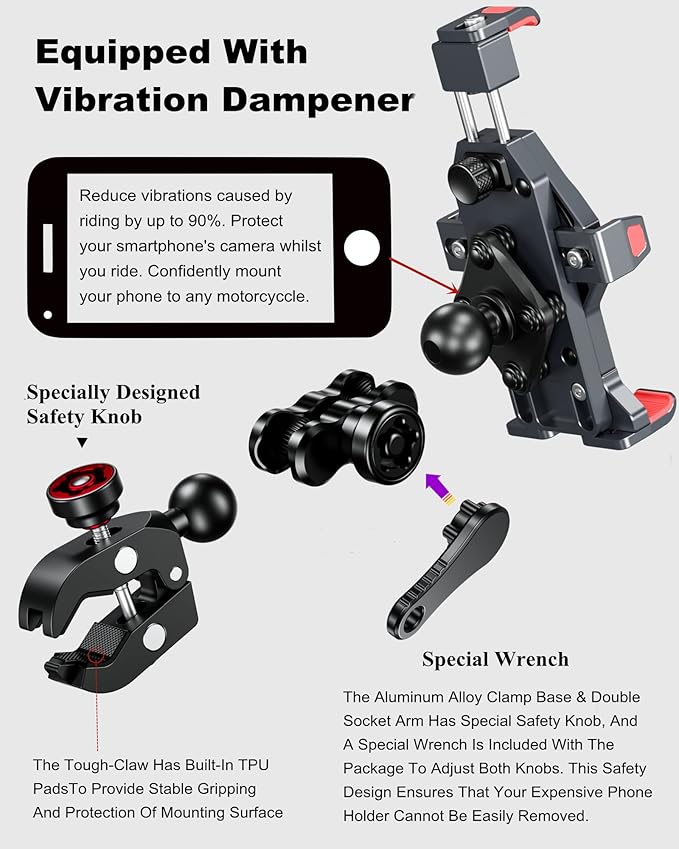 BRCOVAN Metal Anti-Theft Motorcycle Phone Mount with Vibration Dampener & High-Speed Secure Lock, Adjustable Aluminum Alloy Motorcycle Cellphone Holder for Bike Scooter ATV UTV Fit 4.7''-7.2'' Phones