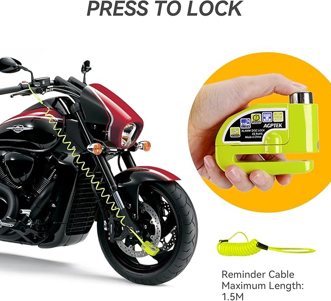 AGPTEK 110db Motorcycle Brake Lock with 5FT Reminder Cable, Anti-Theft Padlock Waterproof with Lock Pin Carrying Bag for Motorcycle Bike Scooter, Green