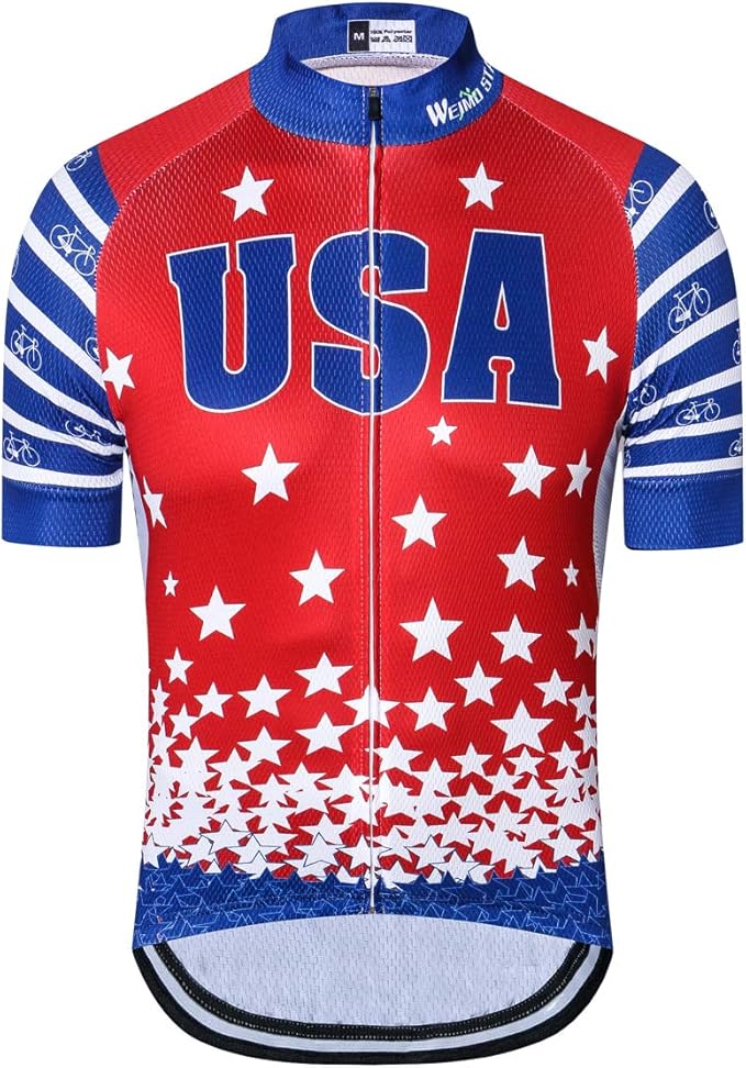 Cycling Jersey Short Sleeve USA Style Bike Tops with Pocket Reflective Stripe